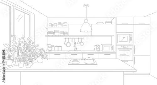 Line drawing of a kitchen interior with plants by the window, cabinets, appliances, shelves, and a hanging light fixture.