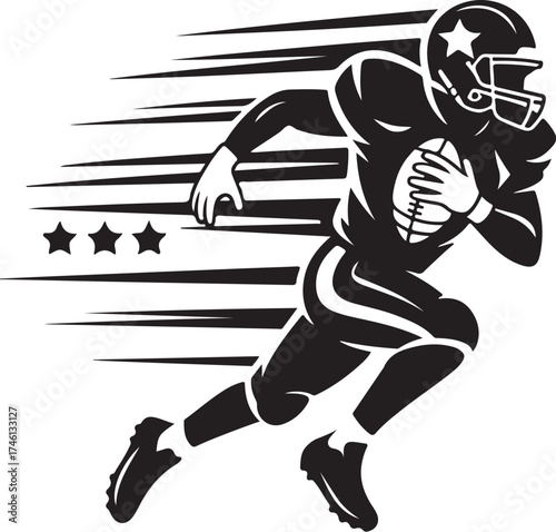 Dynamic football player runs with speed and power