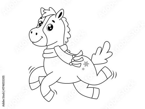  cheerful cartoon horse in a scarf, galloping with snowflakes. perfect for Christmas or winter holiday designs. Coloring book.