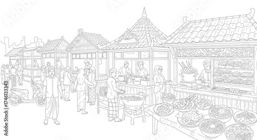 A bustling street scene depicting a traditional market with vendors and customers.