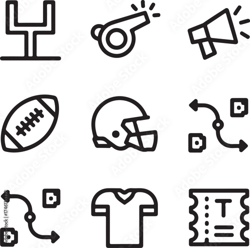 American football icons: game plan, gear, and ticket