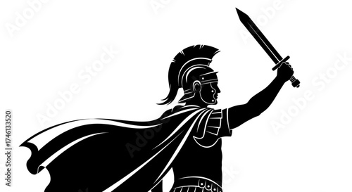 Silhouette of a Roman soldier raising a sword, wearing armor and a cape.