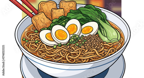 A bowl of ramen filled with noodles, eggs, tofu, and vegetables, with chopsticks resting on top.