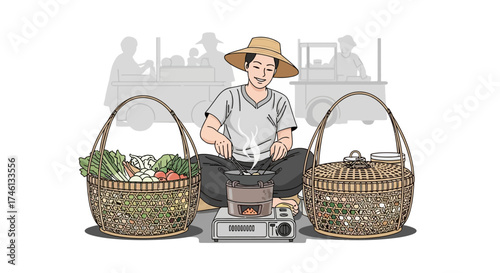 A woman in a hat cooks food on a small stove, surrounded by baskets of ingredients at a market.