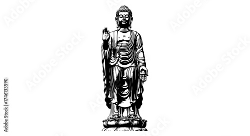A detailed monochrome depiction of a standing Buddha statue, facing forward, with raised hand.