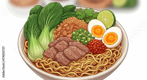 A bowl of noodles with meat, eggs, vegetables, and lime, presented in an illustration style.