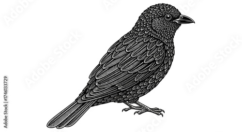 Detailed monochrome illustration of a bird perched, showcasing its plumage and form.