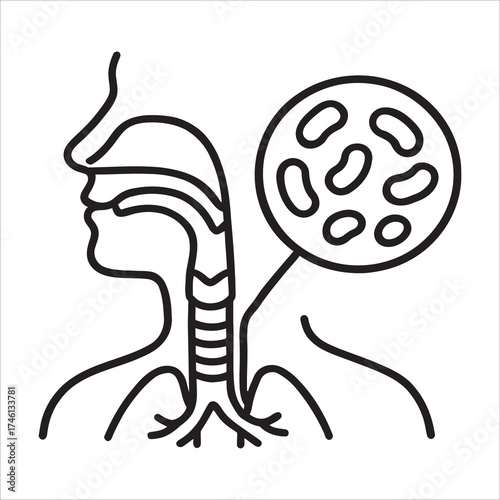 Respiratory System Anatomy and Bacteria Line Icon – Minimalist Human Airway Illustration with Microorganisms for Medical, Healthcare, and Infection Awareness Design