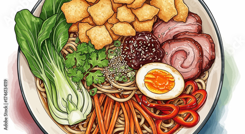 A vibrant illustration of a bowl of ramen, showcasing various ingredients and textures.