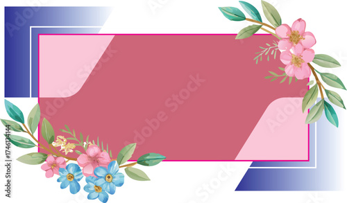 এই ছবিটিকে ফুলের পটভূমি বা ব্যানার হিসেবে বর্ণনা করা যেতে পারে। এতে হাতে আঁকা ফুল এবং পাতা দিয়ে সজ্জিত একটি গোলাপী এবং বেগুনি ফ্রেম রয়েছে। এটি আমন্ত্রণপত্র, শুভেচ্ছা কার্ড, পোস্টার, অথবা ডিজিটাল শিল