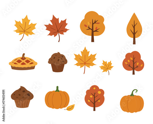 Fall season icons collection with leaves, pumpkin, and pie