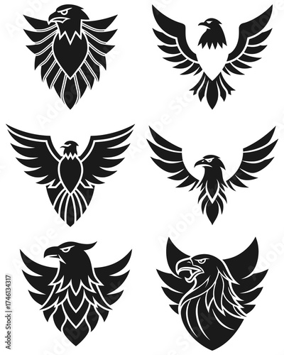 These modern yet classic bird insignias are perfect for use in logos, sports teams, military badges, tattoo designs, or branding concepts. The minimalist black-and-white