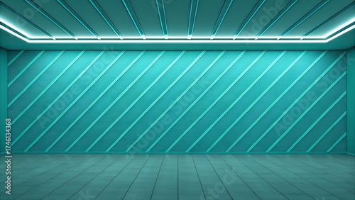 Futuristic Teal Room with Diagonal Ribbed Walls and LED Ceiling