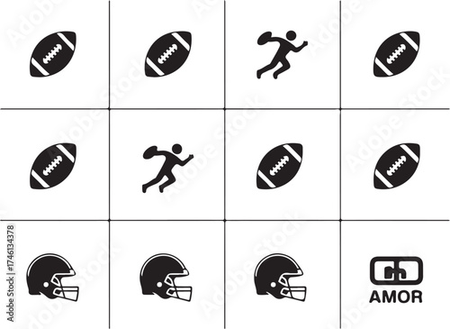 American football icons, players, helmets, and logo