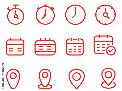 Time, Date, and Location Icon Set – Calendar, Clock, and Map Pin Symbols for Schedule, Event, and Appointment Design Vector Illustration