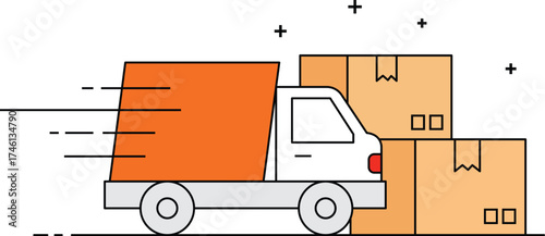 Orange delivery truck with stacked cardboard boxes and motion lines orange truck shipping