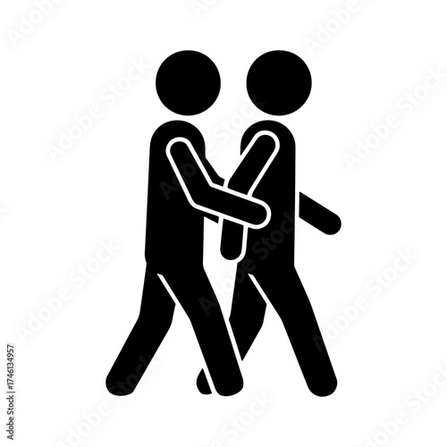 Stickman friendship concept, two friends walking together, unity and support, teamwork and companionship, black vector silhouette illustration.