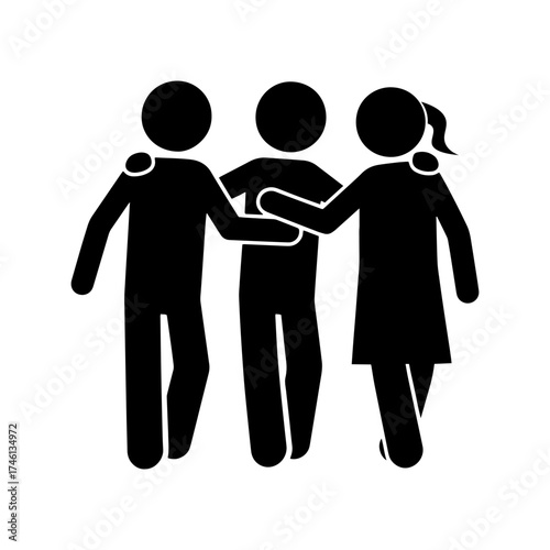 Three stick figures walking arm in arm symbolizing friendship, unity, and support, black vector illustration of teamwork and companionship together.