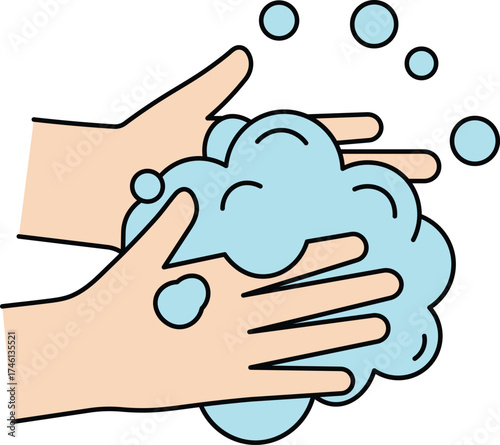 Cartoon hands rubbing together with blue soap bubbles and lather washing