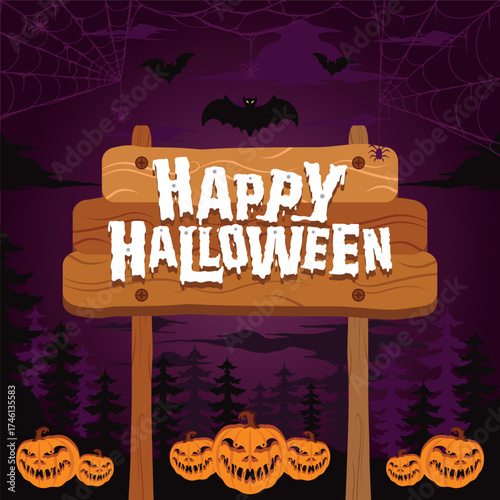Lettering Happy Halloween Vector, Illustration, Calligraphy Design, White, Brown, Orange and Black Color on Purple Background, Usable for Poster, Banners, Postcards, Wallpaper, Gifts etc.