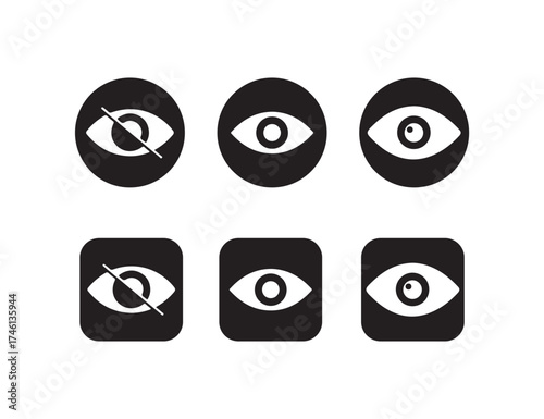 Eye icon set, view icon,  open, closed, slashed, hidden eye icons in black flay style,  Visibility and privacy symbol set, Vector illustration EPS 10.