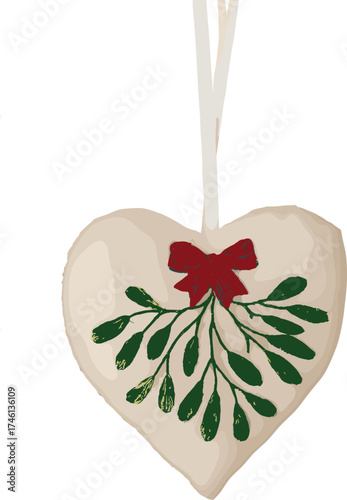 Heart-shaped ornament with green branch and red bow, festive holiday vector design, seasonal decoration icon, minimalist Christmas artwork, warm celebration illustration pack