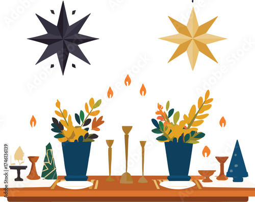 Festive table setting with candles, foliage, and hanging stars, holiday dinner vector illustration, cozy seasonal decor design, Christmas celebration artwork, warm interior pack