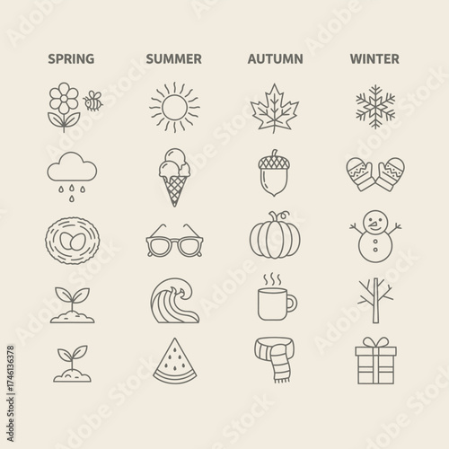 Four Seasons Icon Set in Outline Style