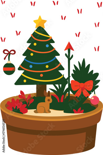 Holiday potted plant with Christmas tree, ornaments, red bow, and rabbit figure, festive seasonal vector design, cozy celebration illustration, decorative nature-themed artwork pack
