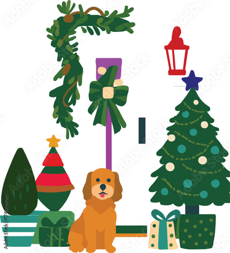 decorated trees, gifts, wreath, lantern, and dog, festive seasonal vector illustration, cozy celebration design, cheerful winter decor pack
