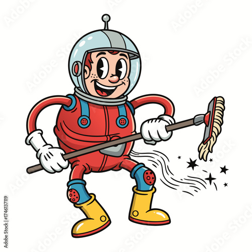 A vintage cartoon mascot of an astronaut cheerfully mopping. The character wears a red spacesuit, yellow boots and gloves. The image features clean lines and bold colors, evoking classic animation