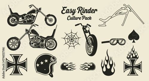 Motorcycle Culture Black and White Icon Set