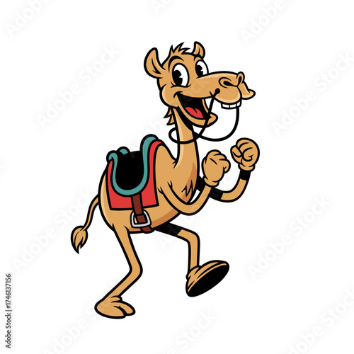 A cheerful vintage cartoon mascot of a camel in brown, black, and red with a saddle isolated on a white background in clip art style, perfect for character design