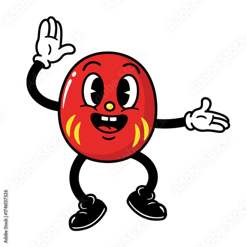 Vintage cartoon mascot character with a red round body, waving arm, and wearing black shoes, standing on a white background. Features yellow stripes and a black outline in a classic comic style