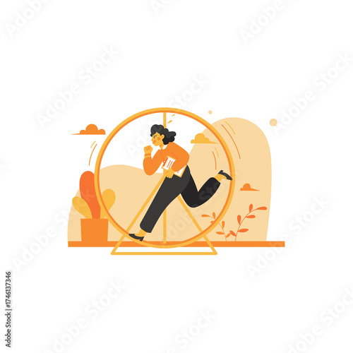 Woman in Orange Shirt Running Inside Golden Hamster Wheel Vector Illustration On Transparent Background