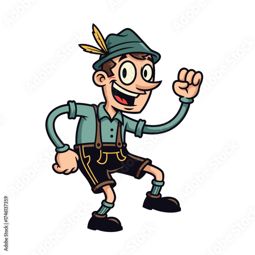 Cartoon mascot featuring a cheerful man in a traditional green hat and lederhosen strikes an animated pose. This vector illustration, set against a white background, is ideal for adding a touch of