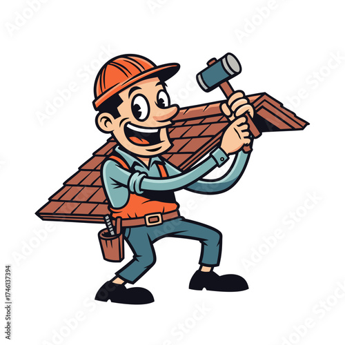 A cartoon roofer mascot wearing an orange hard hat and light blue shirt, holding a hammer, stands on a roof against a white background, displaying a cheerful expression in a vintage style building