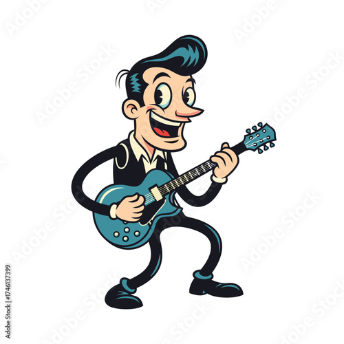 Retro style cartoon illustration of a musician playing guitar on a white background. The cartoon character is a cheerful man with a joyful expression, wearing a dark outfit and light color accents