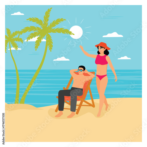 Weekend mood concept. Sunny Beach Couple Enjoying Vacation On Palm Trees With Sunlit Sea Landscape.