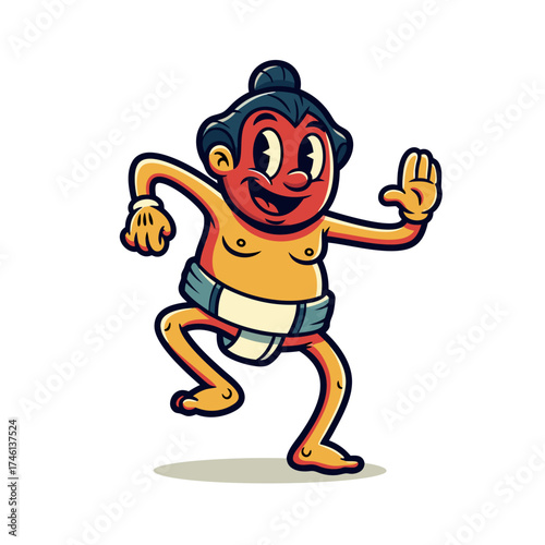 A cheerful, vintage-style cartoon illustration of a sumo wrestler character with orange skin. The wrestler is wearing traditional clothing and posed against a clean white background