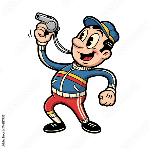 An upbeat vintage cartoon mascot featuring a man with rosy cheeks blowing a silver whistle he is dressed in a blue and red striped jacket and hat set against a clean white backdrop