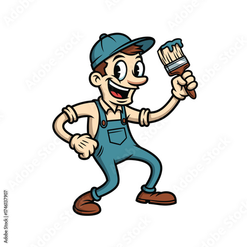 A cartoon painter mascot with a paintbrush is illustrated in bright colors. This generic comic-style design features an animated character with cheerful expression, perfect for art and illustration