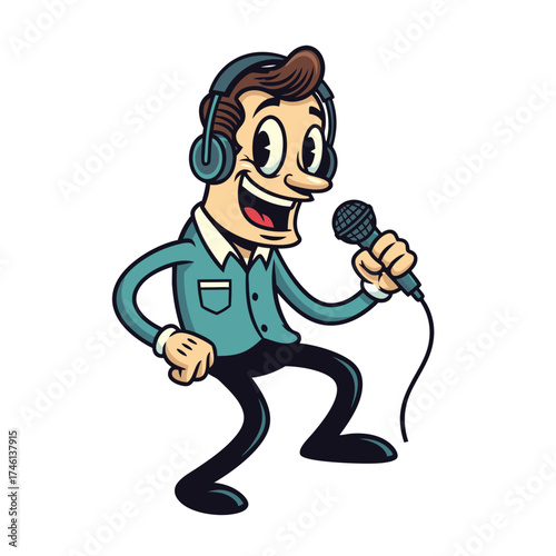 A cheerful cartoon mascot of a singer enthusiastically singing into a microphone, wearing headphones and a teal blue shirt, set against a clean white background in a retro vintage style