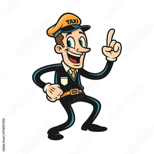 A cheerful cartoon generic vehicle operator with a bright yellow cap and black uniform is depicted in a vintage mascot style, set against a clean white background. The classic design illustration