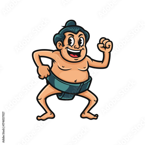 Cartoon style illustration of a smiling sumo wrestler mascot. This character is wearing a teal mawashi and has a traditional topknot, outlined in black on a clean white background.  The wrestler is