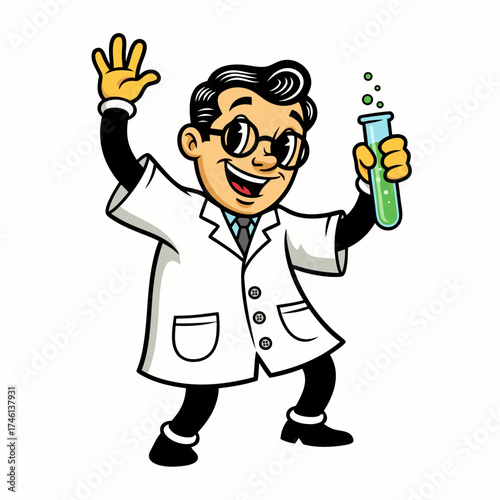 A cartoon scientist with a green liquid in a test tube, wearing a white lab coat and black pants. He has round glasses and is waving his hand with a happy expression. Bright lighting is on the