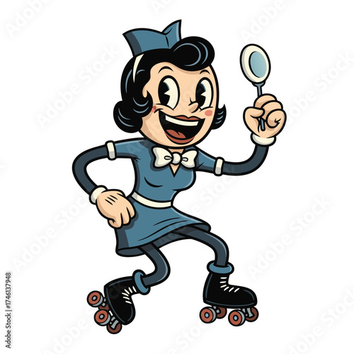 Vintage cartoon server skating enthusiastically with a spoon. She wears a retro blue uniform and black roller skates, against a plain white background. The style is reminiscent of classic animation