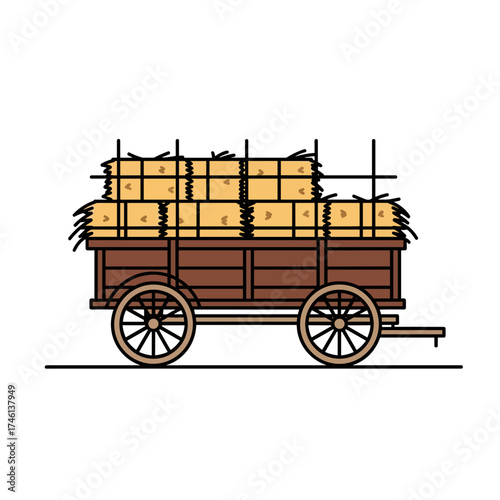 Hayride wagon filled with hay bales on a transparent background, without a background  