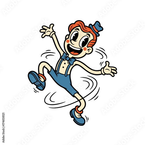 Vintage cartoon mascot featuring a joyful red haired character leaping with excitement, wearing a blue bow tie, suspenders, and hat on a clean white background