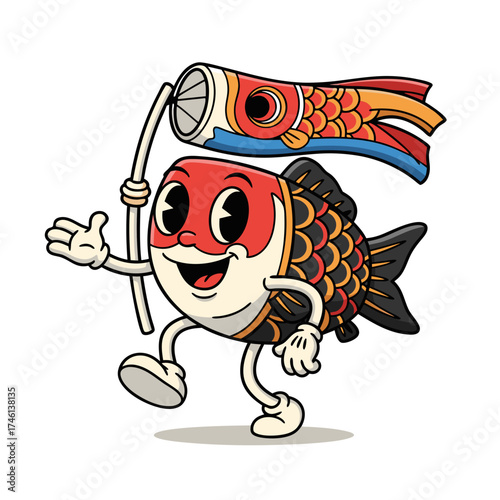 A delightful vintage cartoon mascot shows a cheerful fish character walking and carrying a brightly colored windsock flag, evoking classic animation charm on a clean white background